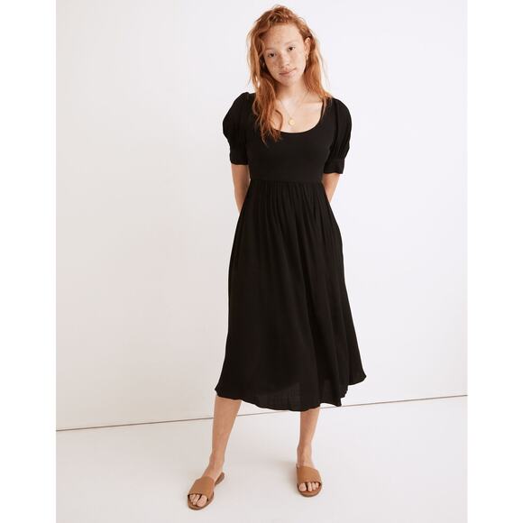 Madewell Puff-Sleeve Scoop Midi Dress Black Womens Size 4 Classic Office - Picture 1 of 8